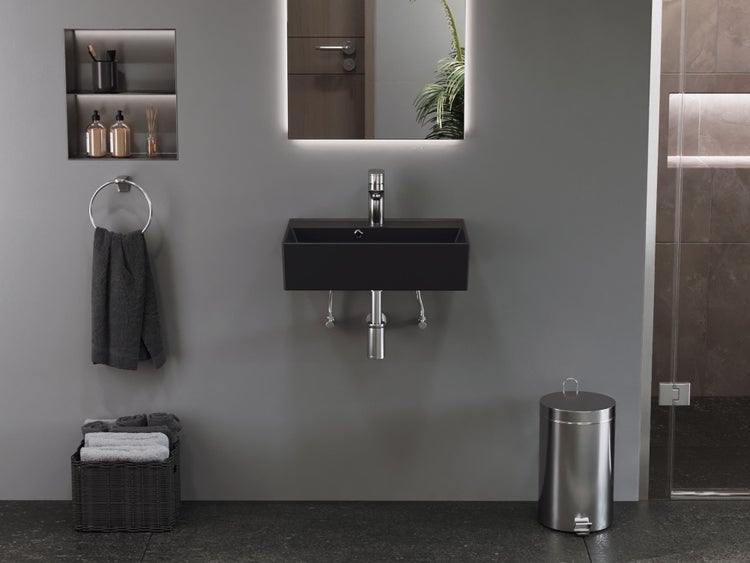 Aqua Bagno Basic Plan Waschbecken 10.16.30.02.04 – 50 x 38 cm – Schwarz Matt – Keramikbecken mit Hahnloch & Überlauf