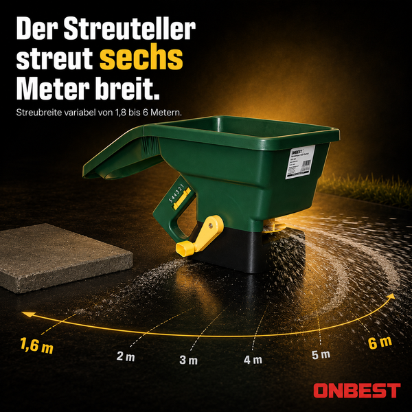 ONBEST Handstreuer für Dünger und Saatgut mit einer variabel einstellbaren Streubreite von 1,8 bis 6 Metern.