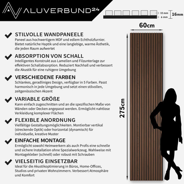 Wandpaneel aus Holz mit Filz zur Schalldämmung, 275 cm mal 60 cm, inklusive technischer Daten und Montageinformationen für die Wandgestaltung.