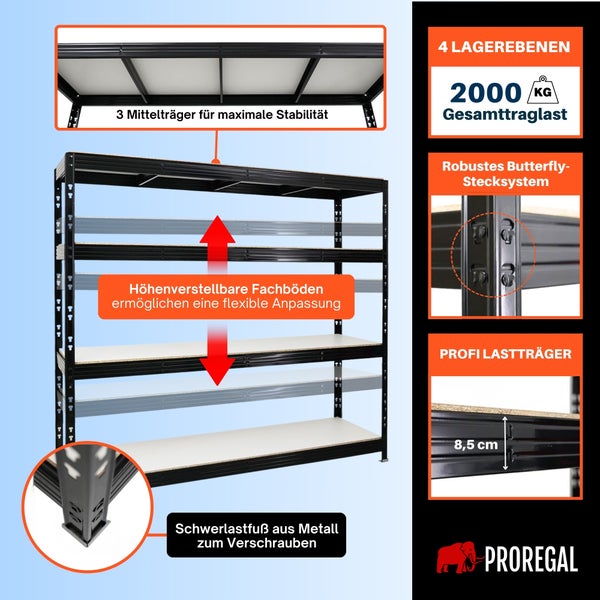PROREGAL Schwerlastregal mit 4 Ebenen, 2000 Kilogramm Traglast, höhenverstellbaren Böden, Butterfly-Stecksystem und Metallfüßen. Proregal Logo.