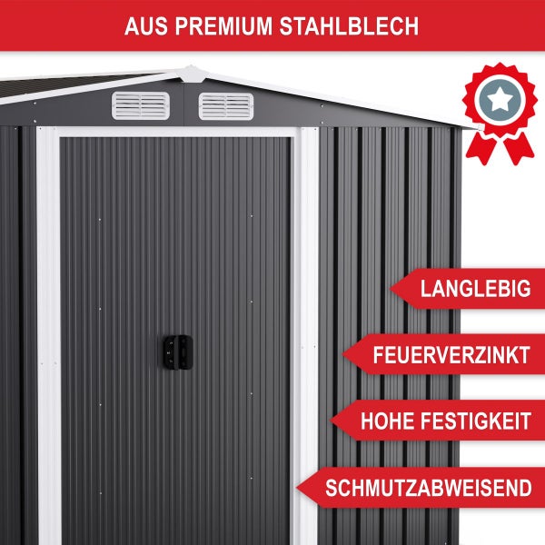 Gartenhaus aus hochwertigem feuerverzinktem Stahlblech mit Lüftungsgittern. Das Material ist langlebig, schmutzabweisend und bietet hohe Festigkeit.