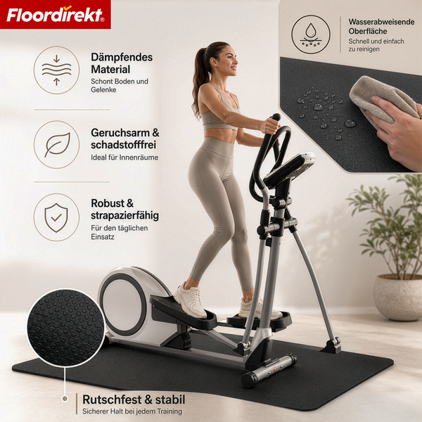 Floordirekt Logo. Eine Frau trainiert auf einem Crosstrainer auf einer schwarzen, rutschfesten und dämpfenden Bodenschutzmatte.