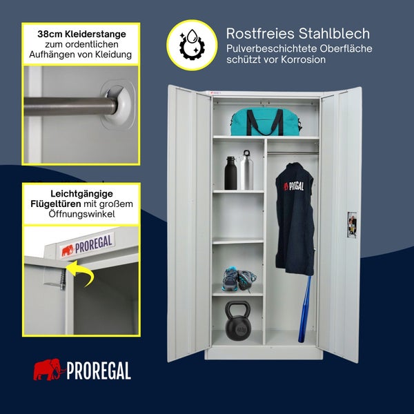 Zweitüriger Proregal Metallschrank aus pulverbeschichtetem Edelstahl mit einer 38 Zentimeter langen Kleiderstange und Ablagefächern, Proregal Logo.