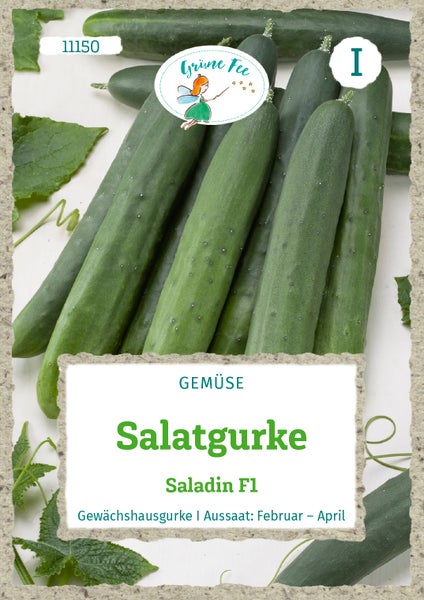 Samentüte für Salatgurke Saladin F1 von Grüne Fee, Abbildung mehrerer Salatgurken mit Blättern, Aussaat von Februar bis April.