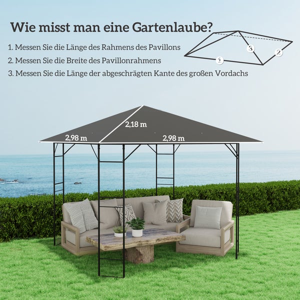 Anleitung zum Ausmessen einer Gartenlaube mit Maßen circa 2,98 mal 2,98 Meter und einer Schräge von circa 2,18 Meter.