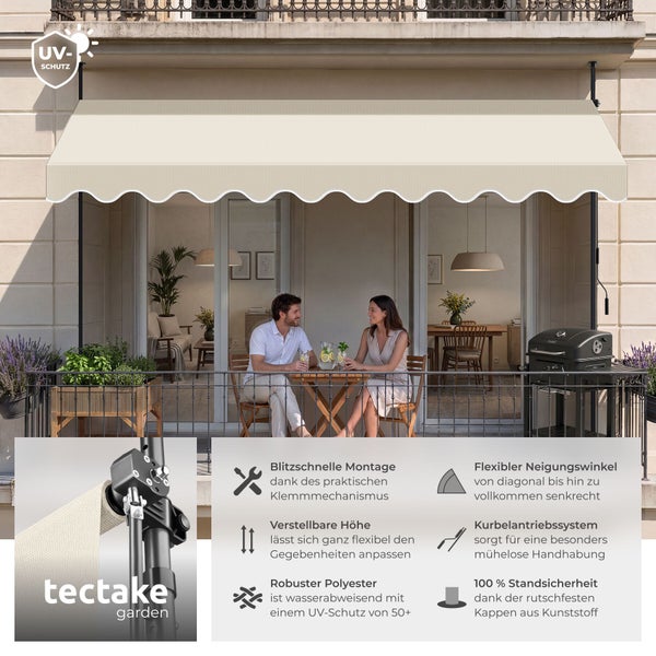 Klemmmarkise auf Balkon mit Personen am Tisch. Detail des Klemmmechanismus und Symbole für Ultraviolett-Schutz und Montage. tectake garden Logo.