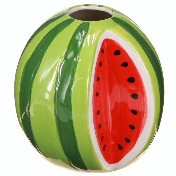 Keramikvase in Form einer Wassermelone mit grünem Streifenmuster und aufgemalter roter Melonenscheibe mit Kernen.