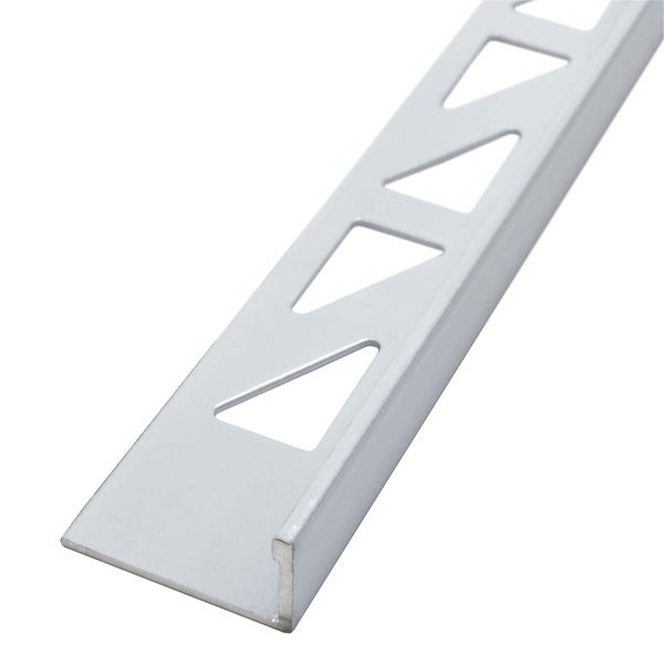 Fliesenschiene aus Aluminium mit quadratischer Kante und dreieckiger Perforation im Befestigungsschenkel.