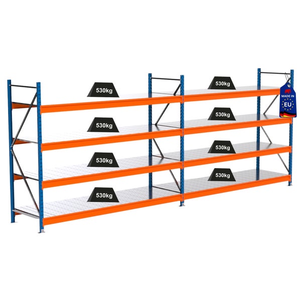 Lagerregal mit vier Ebenen und einer Traglast von 530 Kilogramm pro Ebene.