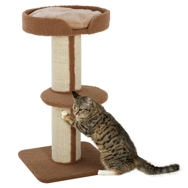 PawHut Kratzbaum klein 91 cm Katzenbaum mit Katzenbett, Katzenkratzbaum Spielbaum Kratzstamm mit Plattform für Katzen bis 5 kg Sisal Lammwolle Hellbraun