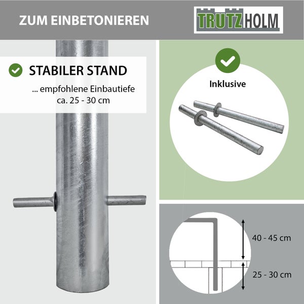 Trutzholm Pfosten zum Einbetonieren mit Angaben zu stabiler Standfestigkeit und empfohlener Einbautiefe von circa 25 bis 30 cm sowie inklusivem Zubehör