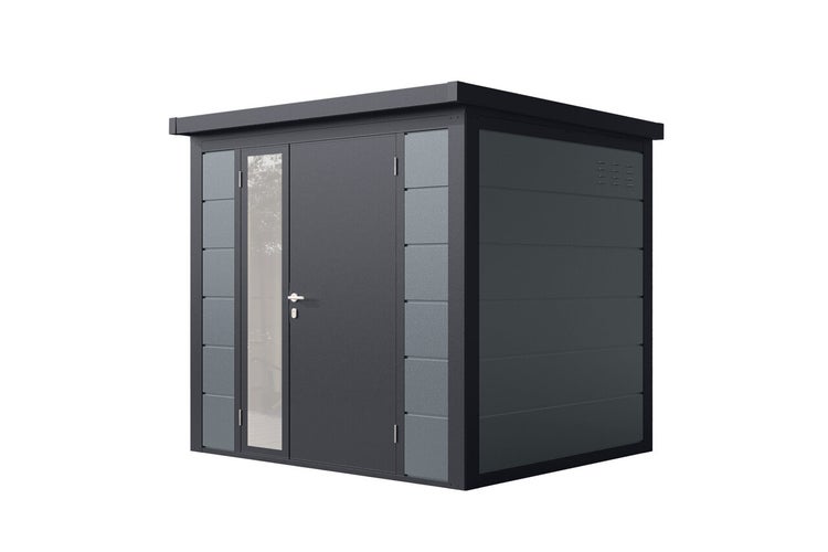 Modernes Gartenhaus aus Metall mit Flachdach, Einzeltür mit Glaselement und Belüftungsschlitzen in der Seitenwand.