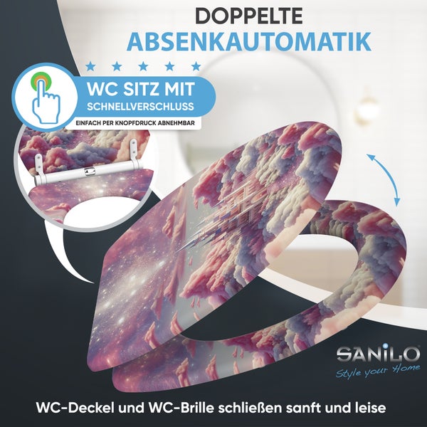 Sanilo WC Sitz mit Absenkautomatik und Schnellverschluss, Design Wolkenstadt, WC Deckel und Brille mit sanfter Schließfunktion.