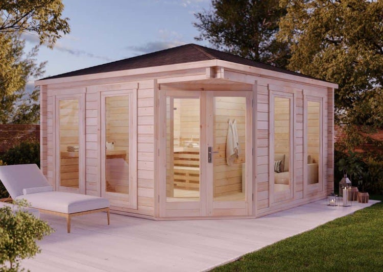 FinnTherm 5-Eck Saunahaus Sandor-70 Gartensauna 3 Sitzbänke aus Holz, Sauna mit 70 mm Wandstärke, Außensauna mit Montagematerial, Naturbelassen 4x4m