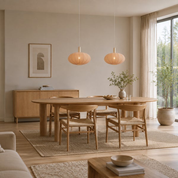 Helles Esszimmer mit ovalem Holztisch, vier Stühlen mit Rattansitzfläche, Sideboard und zwei runden Pendelleuchten in moderner Inneneinrichtung.