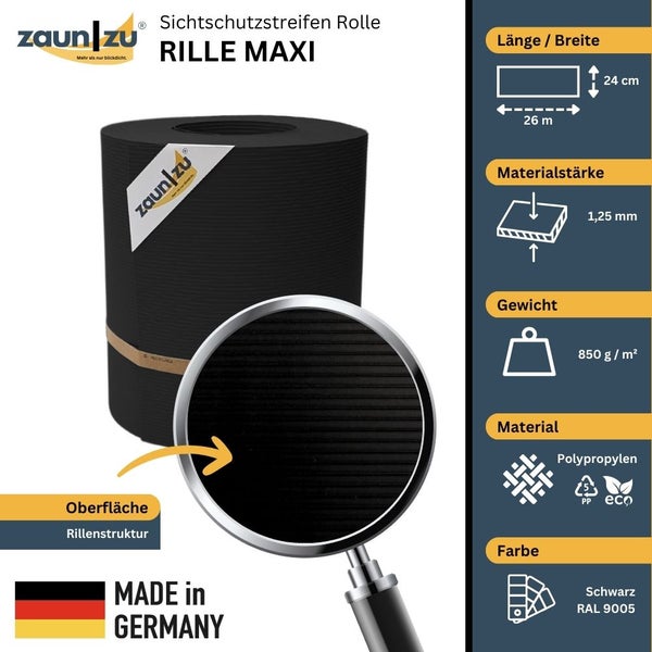 Sichtschutzstreifen Rolle Rille Maxi aus Polypropylen, 26 Meter Länge, 24 cm Breite, 1,25 mm Materialstärke