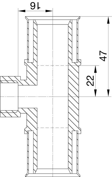 Technische Zeichnung eines T-Stücks mit Querschnitt und Maßangaben 16, 22 und 47.
