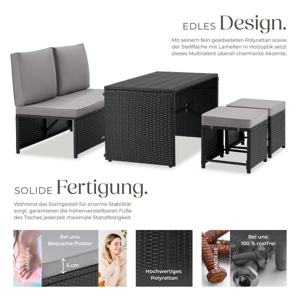Polyrattan Gartenmöbel-Set mit Bank, Tisch, zwei Hockern. Details: 5 Zentimeter Polster, Stahlgestell, höhenverstellbare Füße, rostfreie Schrauben.