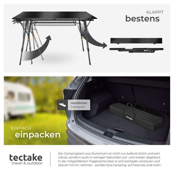 Klappbarer Campingtisch aus Aluminium mit verstellbaren Beinen, Tragetasche im Kofferraum und tectake Logo.