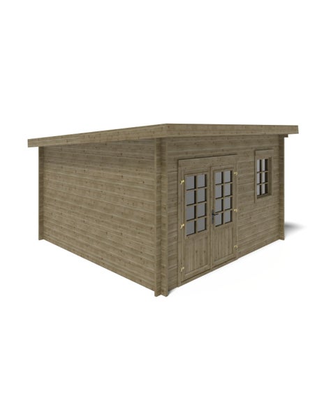 Gartenhaus aus Holz mit Pultdach, Doppeltür mit Lichtausschnitten und einem Einzelfenster.