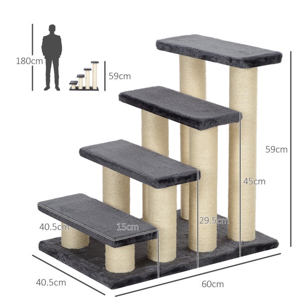 PawHut Tiertreppe Katzentreppe Hundetreppe 4 Stufen Treppe für Katze und Hunde Plüsch Grau 60 x 40,5 x 59 cm