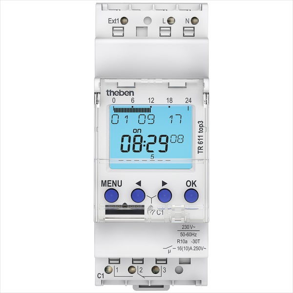 Theben 6110130 TR 611 top3 - Digitale 1-Kanal Zeitschaltuhr mit externem Eingang und App-Programmierung, perfekt für LEDs, Zeitschalter