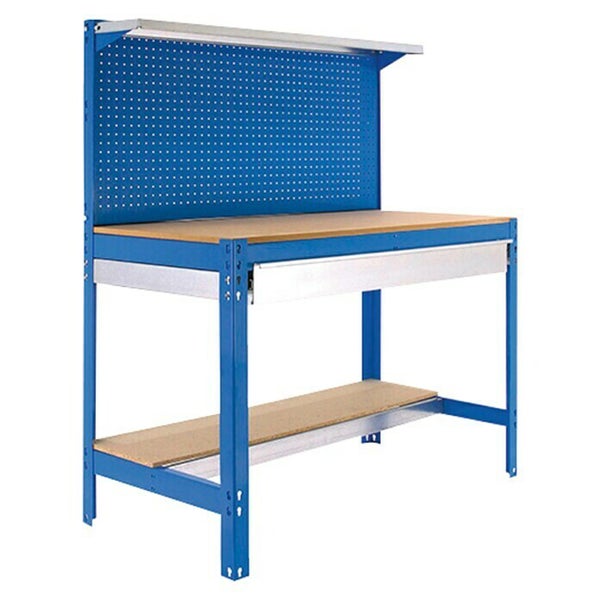 Blaue Werkbank aus Metall mit Arbeitsplatte aus Holz, Lochwand, Schublade und Ablageboden.