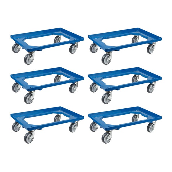 PROREGAL SparSet 6x Transportroller für Euroboxen 60 x 40 cm mit Gummiräder Blau Offenes Deck 2 Lenkrollen und 2 Bremsrollen Traglast 300 kg