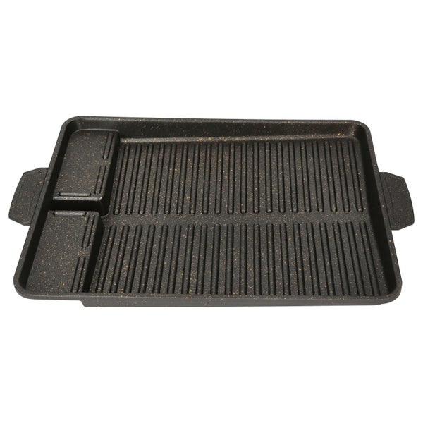 Rechteckige Grillplatte mit Antihaftbeschichtung in Steinoptik, geriffelte Grillfläche und zwei kleine Fächer an der Seite.