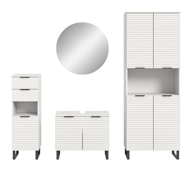 Badezimmermöbel-Set bestehend aus Hochschrank, Waschbeckenunterschrank, Beistellschrank und rundem Spiegel mit horizontal geriffelten Fronten.
