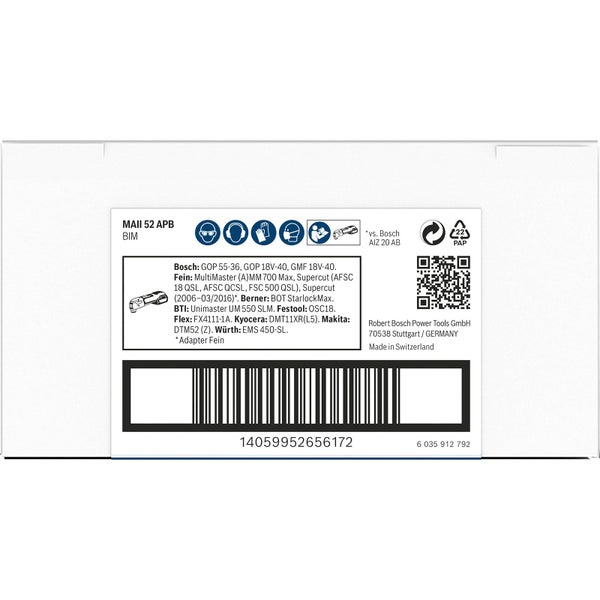 Verpackungsaufdruck für Multitool-Zubehör mit Informationen zu Modellen und Herstellern