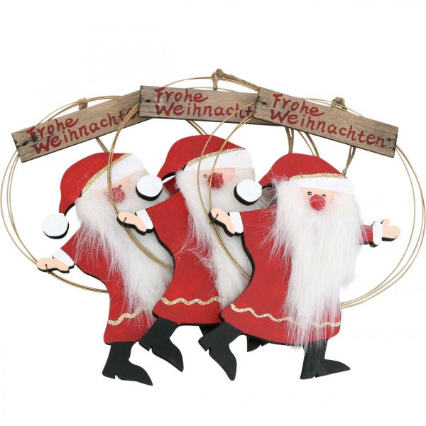 Weihnachtsdekoration mit drei Weihnachtsmännern und der Aufschrift Frohe Weihnachten
