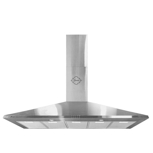 Wanddunstabzugshaube aus Edelstahl in Pyramidenform mit Kamin, Fettfiltern und Beleuchtung. Gurari Logo.