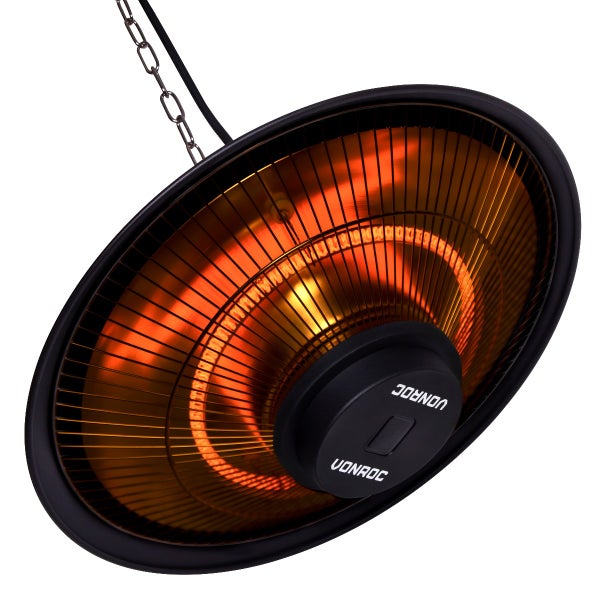 Vonroc Infrarot-Terrassenheizstrahler hängend, rundes Design mit schwarzem Rahmen und leuchtendem Heizelement.