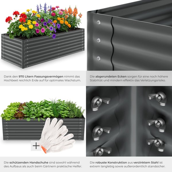 Hochbeet aus verzinktem Stahl mit 970 Litern Fassungsvermögen, abgerundeten Ecken, Flügelmuttern und Schutzhandschuhen.