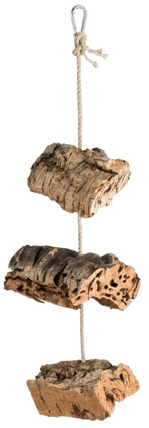 Hängespielzeug für Kleintiere mit drei Naturkorkstücken an einem Seil mit Karabinerhaken.