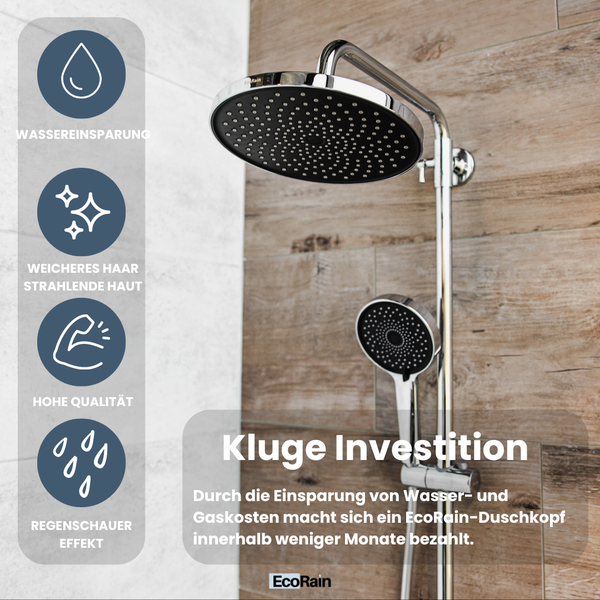 EcoRain 50% Wassersparender Duschkopf Jet 12 CM mit Wasserfilter - 3 Strahlarten - Hoher Wasserdruck - Universeller Anschluss - Anti-Kalk Duschkopf - Chrom