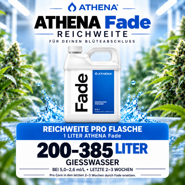 Athena Fade Pflanzendünger Finisher in 1 Liter Flasche mit Anwendungshinweisen zur Reichweite für die letzte Blütephase der Pflanzen.