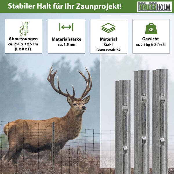 Ansicht eines Wildzauns mit einem Rothirsch und feuerverzinkten Zaunpfosten aus Stahl, Abmessungen circa 250 mal 3 mal 5 Zentimeter, Materialstärke circa 1,5 Millimeter, Gewicht circa 2,5 Kilogramm je Z-Profil, Marke Trutzholm.