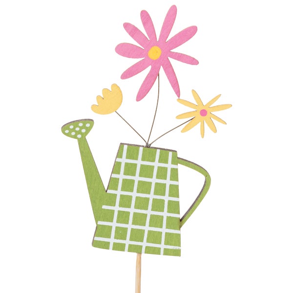 Gartendekoration mit Gießkanne und Blumen aus Holz