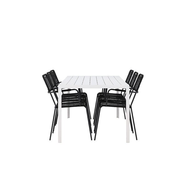 Gartentischgruppe mit weißem Tisch und sechs schwarzen Stühlen