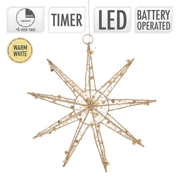 ECD Germany LED Deko Weihnachtsstern 30cm mit 30 warmweißen LEDs, Gold, batteriebetrieben, Metall, Weihnachten Schneeflocke zum Aufhängen mit Beleuchtung & Timer, Innen, Weihnachtsdeko Fensterdeko