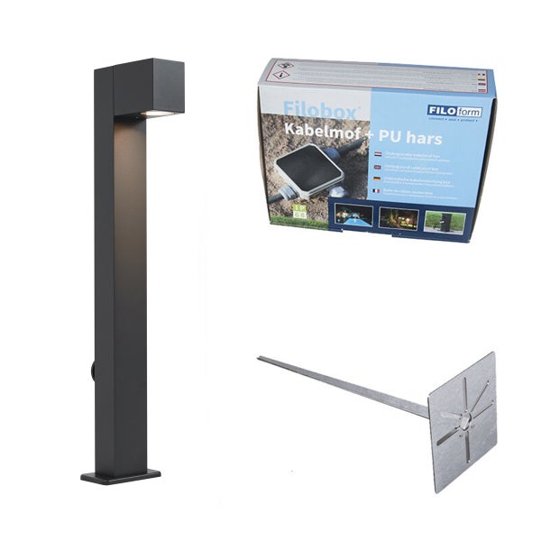 Set aus moderner Außenstehleuchte in Anthrazit inklusive Filobox Kabelmuffe mit PU-Harz und passendem Erdspieß.