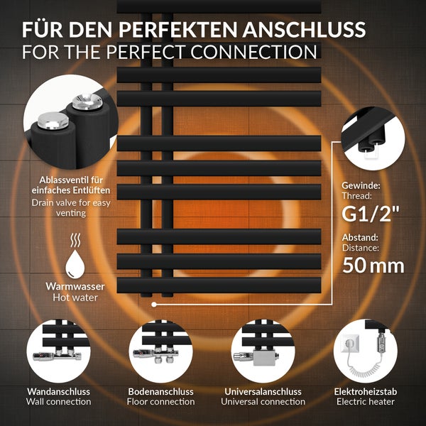 LuxeBath Elektrischer Badheizkörper Iron EM 500 x 1600 mm Schwarz matt inkl. Heizstab Chrom 900W mit Thermostat einfach, Handtuchheizkörper mit Heizpatrone, Elektro Handtuchwärmer Paneelheizkörper