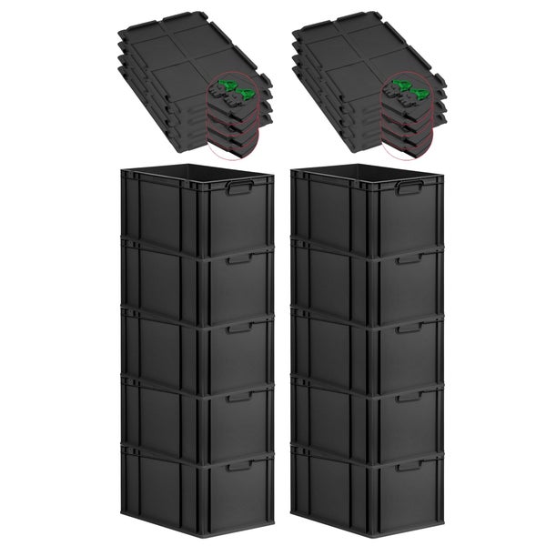 PROREGAL SuperSparSet 10x Eurobox NextGen Grip mit Scharnierdeckel und grünen Schiebeschnappverschlüssen, HxBxT 32x40x60cm, 65 Liter, Schwarz, Griffe geschlossen, Verstärkter Boden, Eurobehälter, Transportbox, Transportbehälter, Stapelbehälter