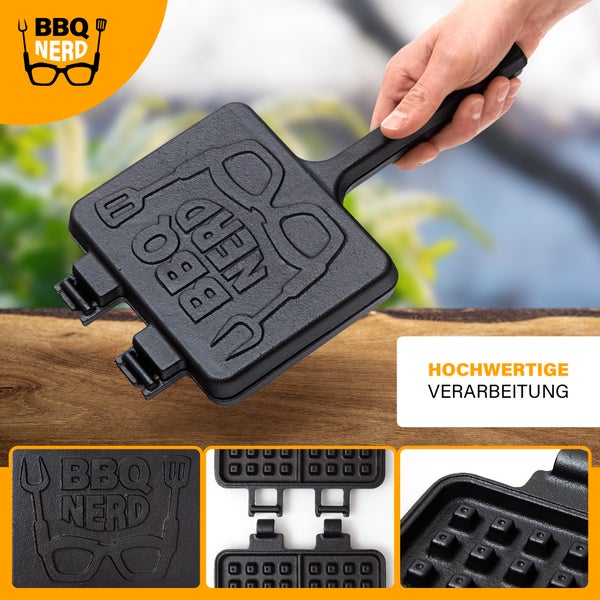 BBQ-Nerd Waffelform aus Gusseisen für belgische Waffeln | Gusseisernes Waffeleisen für Herd Grill Feuerstelle | Rustikaler Waffle Maker - Antihaft - Grillwaffeleisen