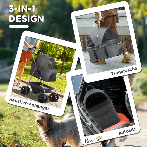 PawHut Hundewagen 3 in 1 Hundebuggy Faltbar Hundebox, klappbar Transporttasche mit Getränkehalter, Hunde Buggy, Katzenwagen mit 360° Räder Katzenbuggy für Mini Hunde unter 4 kg, Grau