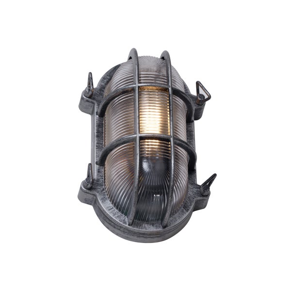 Ovale Außenwandleuchte im Industrial-Stil mit Metallgitter und geriffeltem Glasdiffusor.