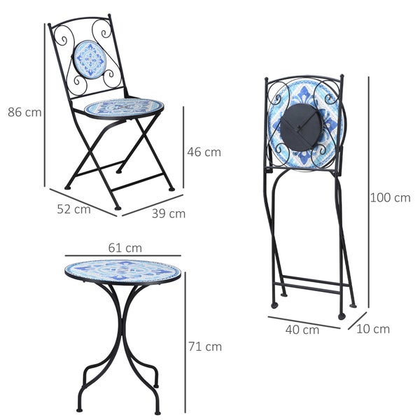 Outsunny 3tlg. Garten Sitzgruppe, mit Ø 61 cm Tisch+2 faltbare Stühle, Stahl, Blau
