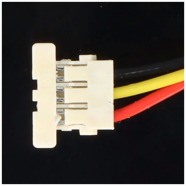 3-poliger Kunststoff-Stecker mit schwarzen, gelben und roten Anschlusskabeln.